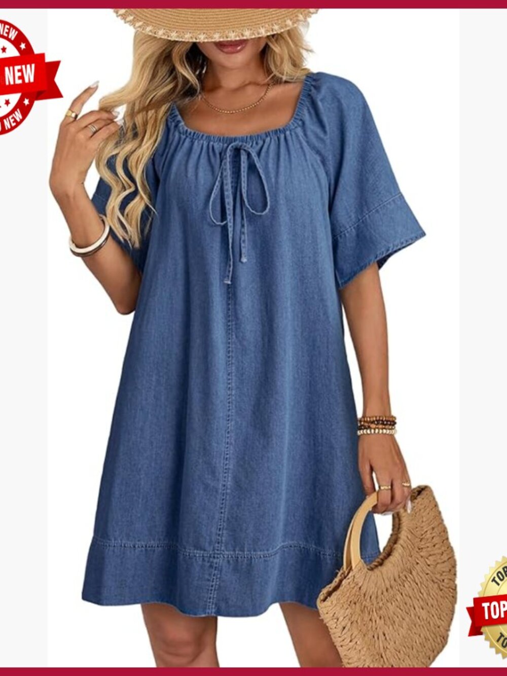 Lightweight Flowy Denim Dress Square Neck Tie Front Casual Cotton